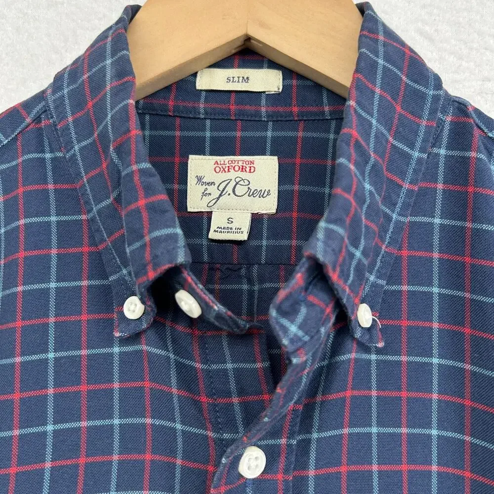J.CREW Shirt Mens S All Cotton Oxford Slim Fit Tattersall Check Button Up Blue